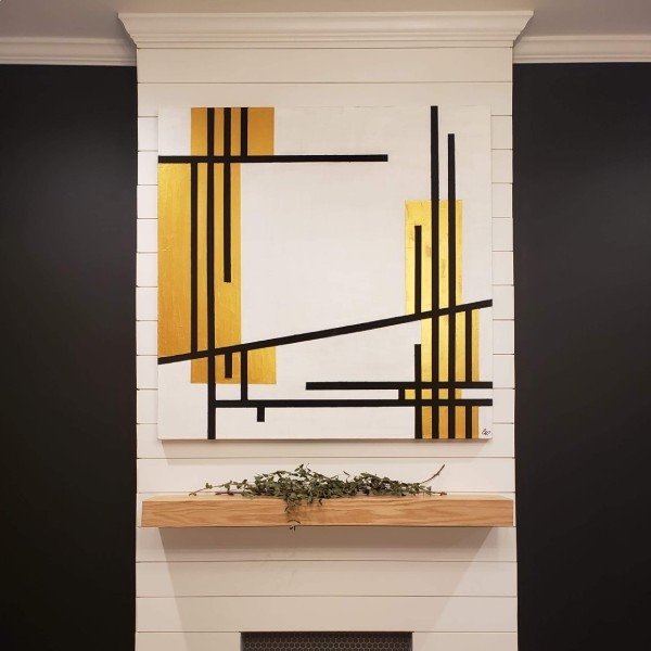 48 x 48 inch painting with white background, gold blocks, and black lines