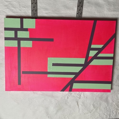 Ettore, Memphis Moderne inspired, pinkest pink background, seafoam green high contrasting blocks, purple lines, 24" x 36" gallery wrapped painting