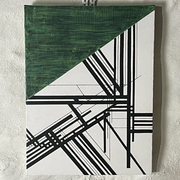 Knot of Lines, acrylic on canvas, 18x24, green and yellow on black and white.