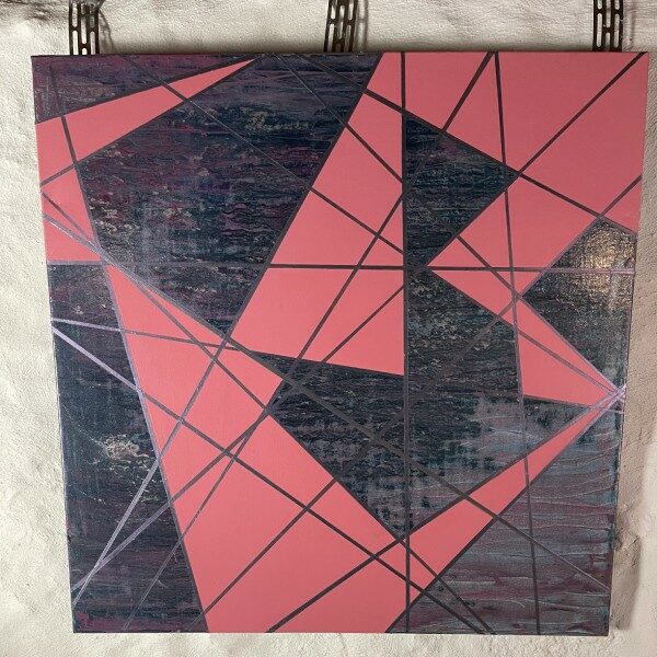 pink geometric plates on purple textured background acrylic on canvas abstract painting 36x36