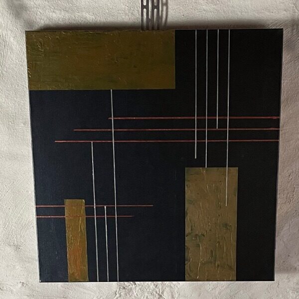 gold on navy blocks and lines abstract painting acrylic on canvas 24x24