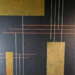gold on navy blocks and lines abstract painting acrylic on canvas 24x24 closeup