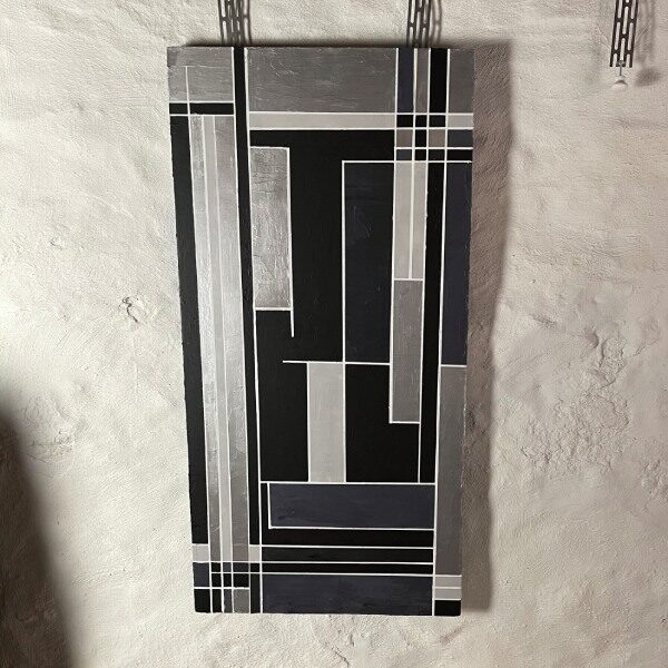 silver black and white blocks and lines 24x36 acrylic on canvas painting