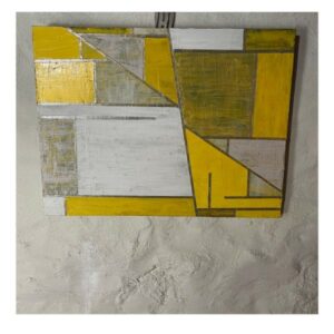 Yellow acrylic layered on canvas with silver and white