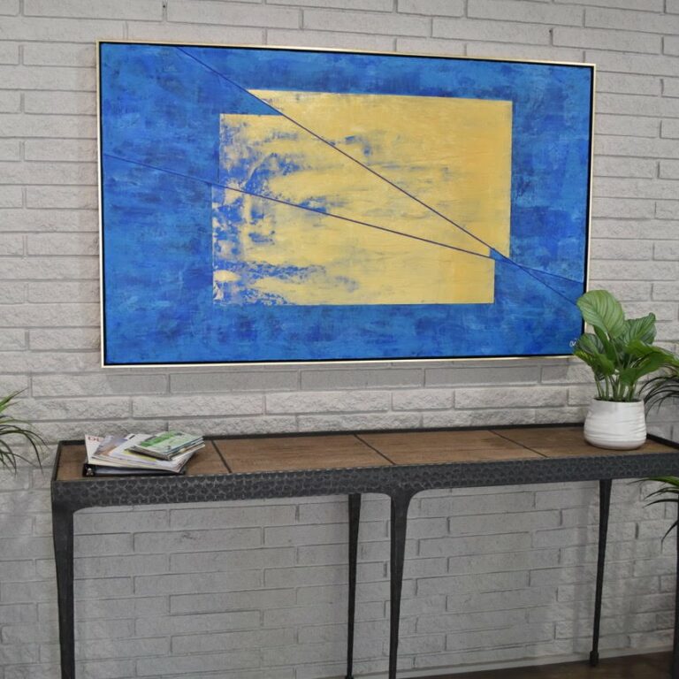 Large blue commissioned piece with gold on a entryway wall